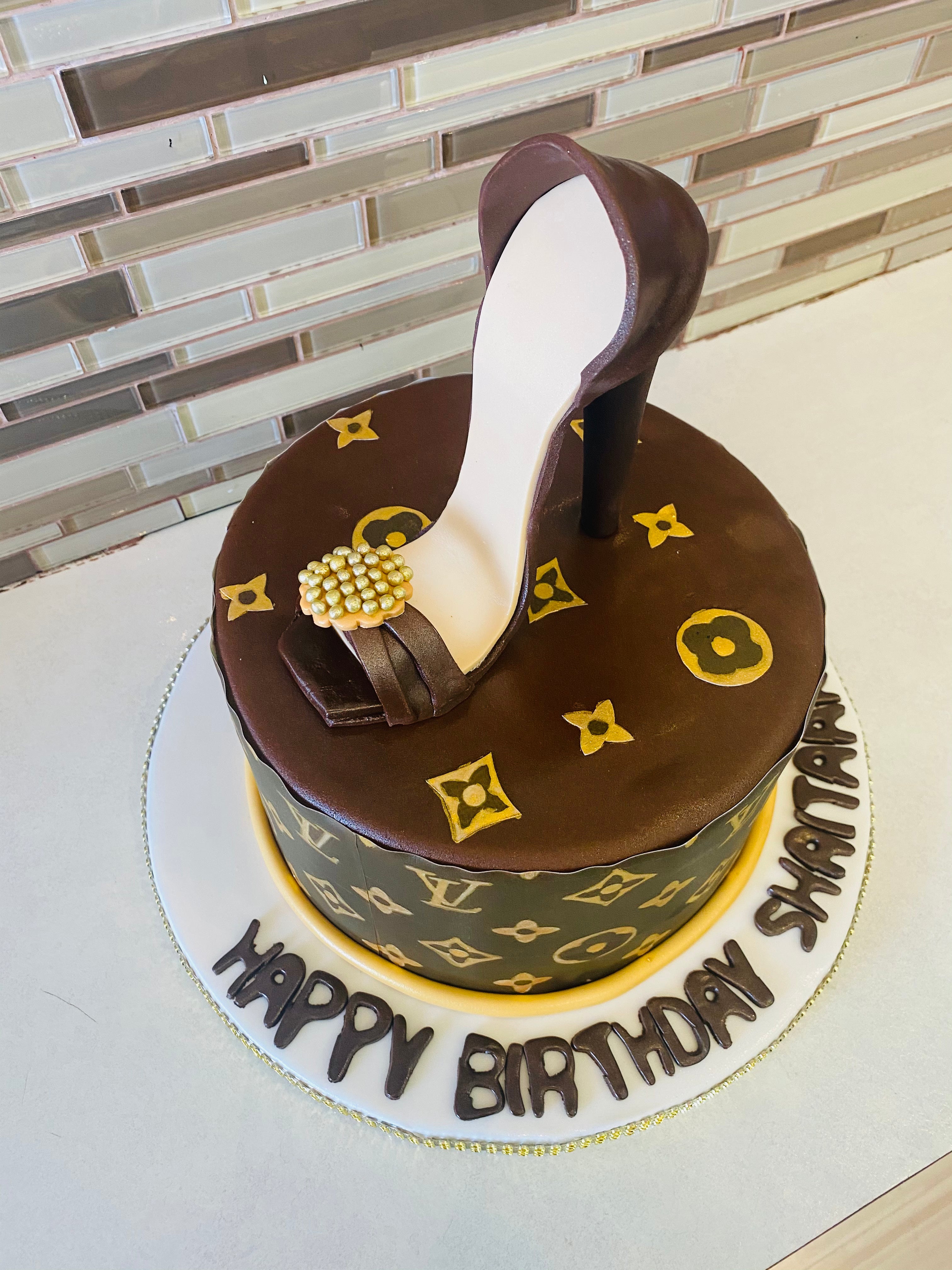 Louis Vuitton Inspired Birthday Cake with Edible image. Size : 6 inches  round Red velvet Cake Frosting/filling.: cream cheese, and homemade fondant  We, By Merlee's Bakeshop
